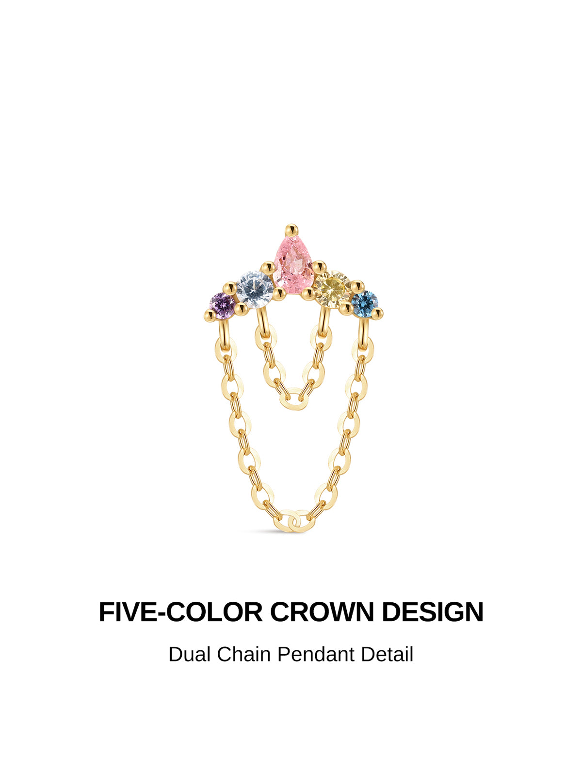 KOSINER five-color crown dual chain pendant 14K solid gold flat back stud, pear & round rainbow cz cluster internal threaded cartilage piercing earring with stamped 14K post