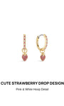 Cute strawberry drop clicker hoop KOSINER 925 sterling silver, polished gold plated hoop band pave set alternating pink and white CZ stones, detachable heart strawberry charm full of pink gems, seamless click closure design