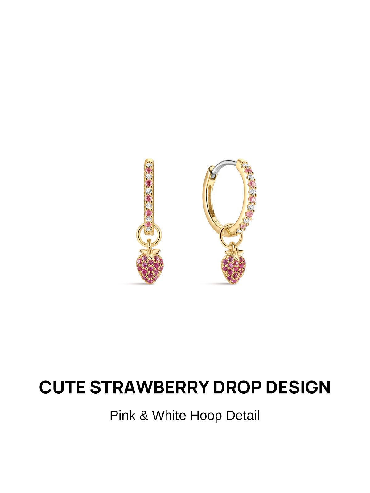 Cute strawberry drop clicker hoop KOSINER 925 sterling silver, polished gold plated hoop band pave set alternating pink and white CZ stones, detachable heart strawberry charm full of pink gems, seamless click closure design