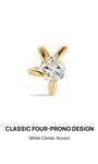 KOSINER Hand Hammered 14K Solid Gold Four-Prong Flat Back Stud front view, sleek curved four-prong setting securing a round brilliant-cut clear cubic zirconia center stone, polished 14K solid gold finish, internally threaded hypoallergenic labret cartilage piercing earring