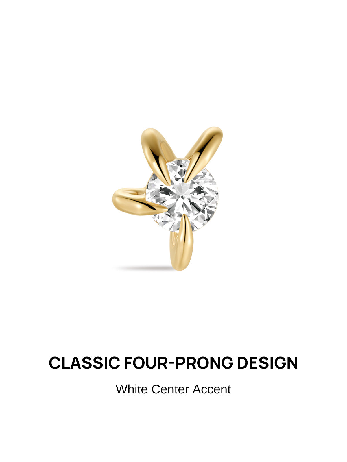 KOSINER Hand Hammered 14K Solid Gold Four-Prong Flat Back Stud front view, sleek curved four-prong setting securing a round brilliant-cut clear cubic zirconia center stone, polished 14K solid gold finish, internally threaded hypoallergenic labret cartilage piercing earring