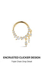 Encrusted clicker design 14K solid gold daith hoop piercing, triple chain drop marquise cz cluster delicate cartilage earring