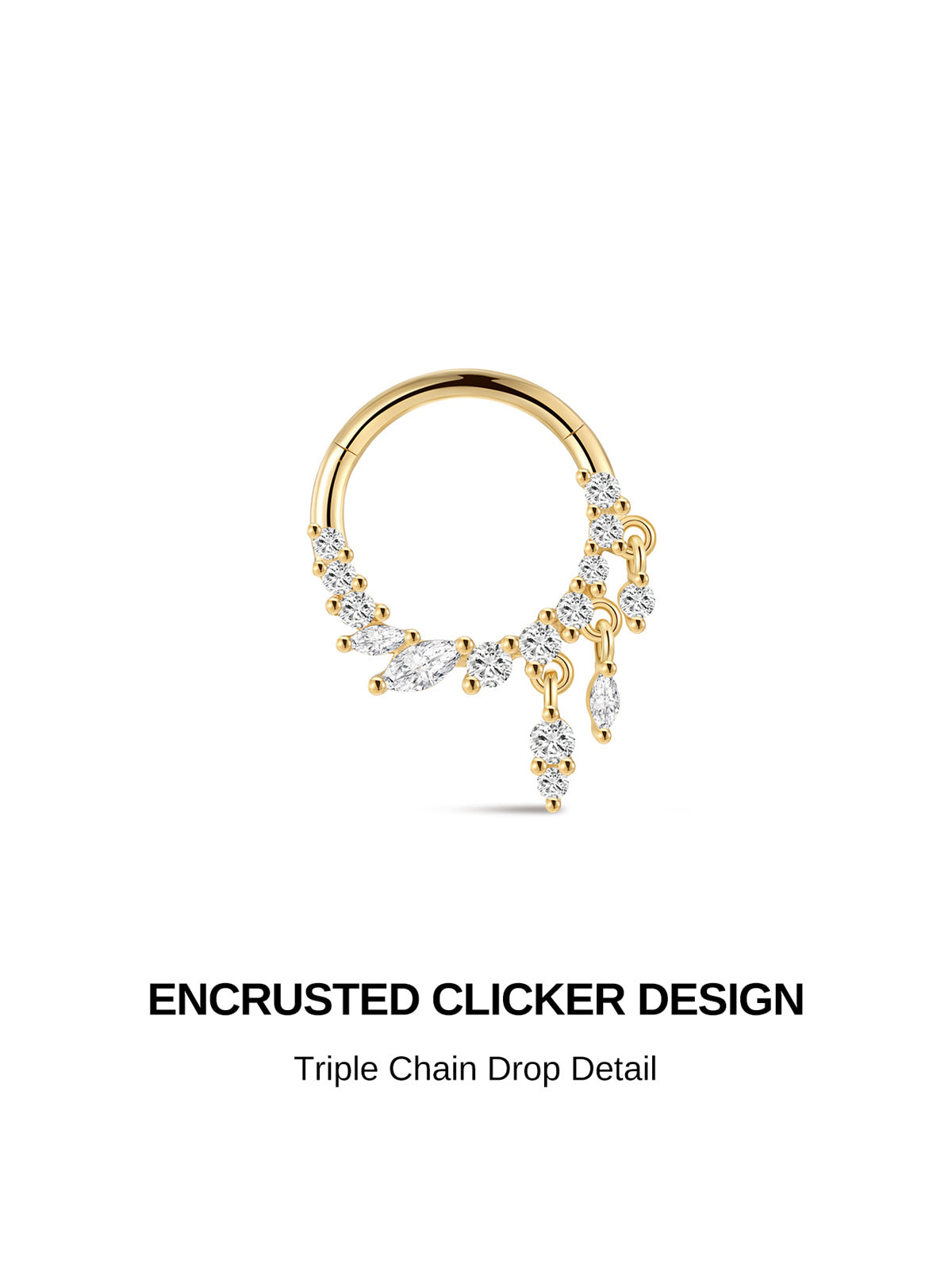 Encrusted clicker design 14K solid gold daith hoop piercing, triple chain drop marquise cz cluster delicate cartilage earring
