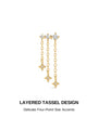 Gold plated 925 sterling silver elegant triple star chain tassel stud earring closeup, layered drop chain with four-point star cz accents, minimalist sparkling starlight jewelry feature graphic