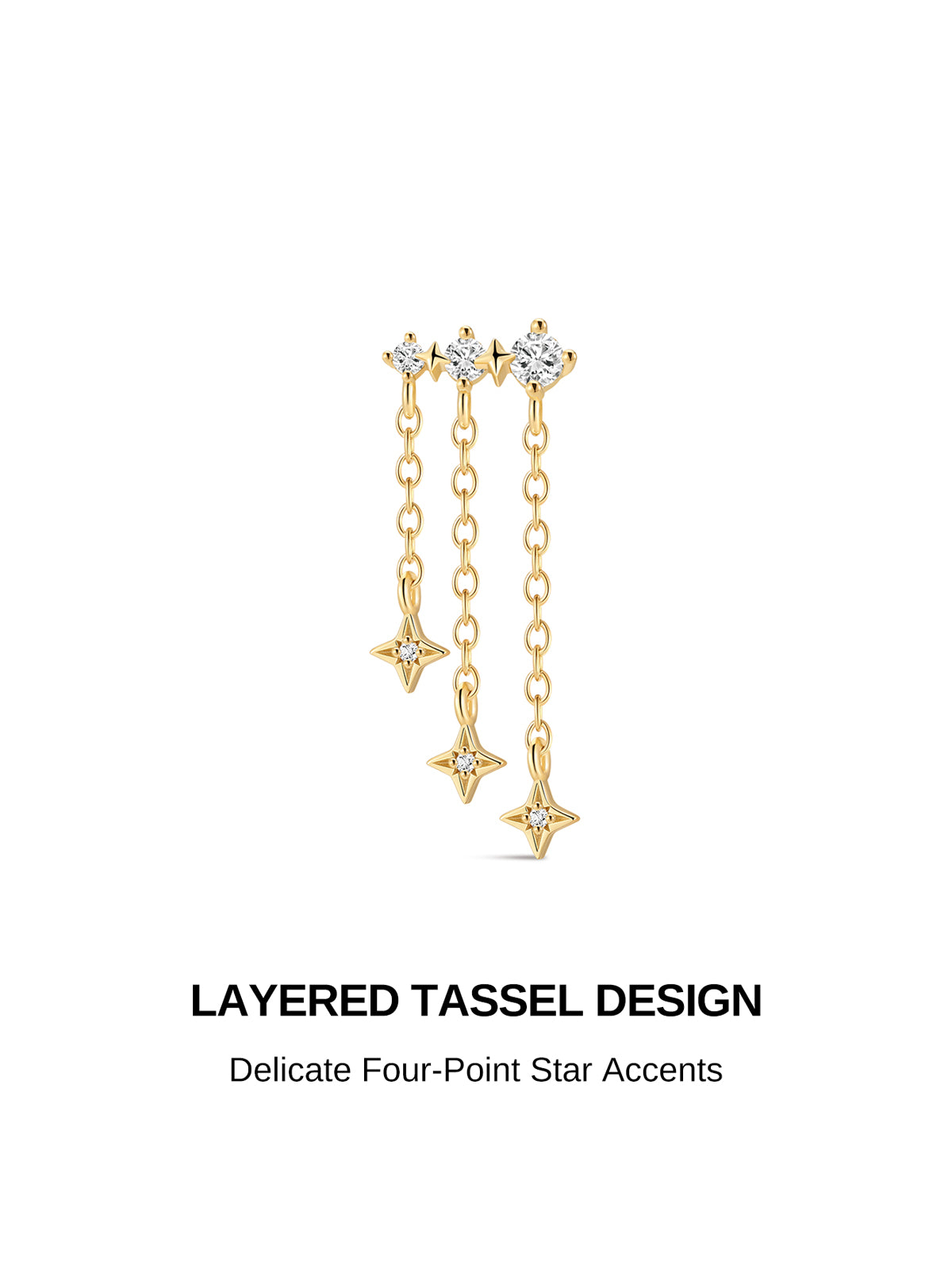 Gold plated 925 sterling silver elegant triple star chain tassel stud earring closeup, layered drop chain with four-point star cz accents, minimalist sparkling starlight jewelry feature graphic