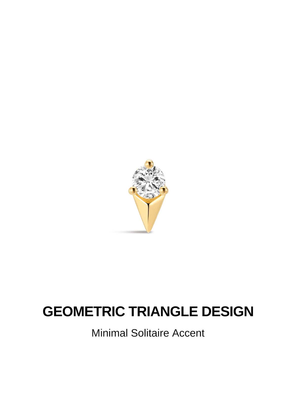 KOSINER minimalist geometric triangle solitaire flat back stud graphic, polished 14K solid gold pointed triangle silhouette, single center round cz solitaire accent, edgy modern cartilage piercing earring design