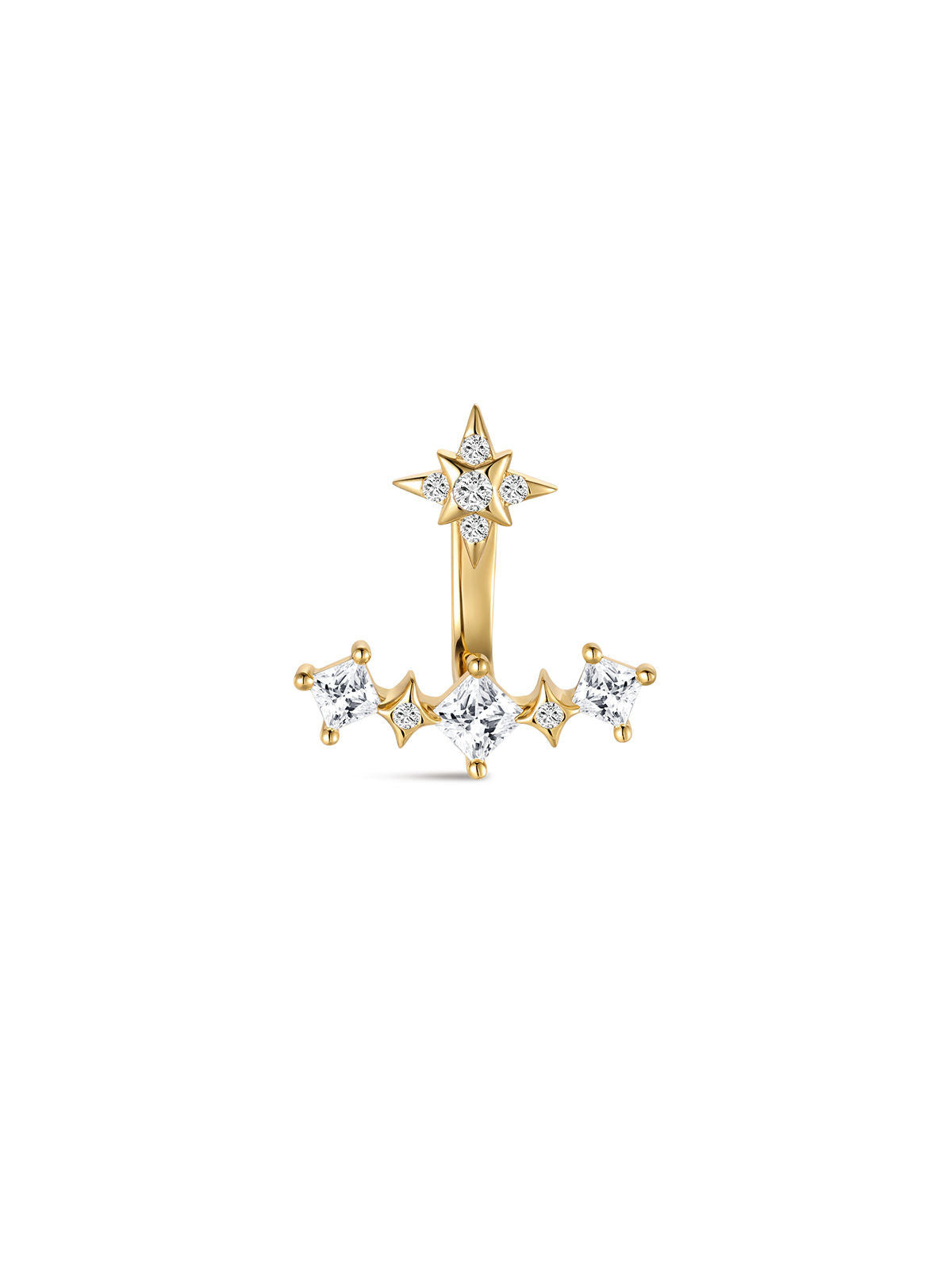 KOSINER Rising Star curved earring size guide showing a 7mm star stud and 14mm-wide clear stone ear jacket