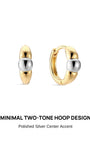 KOSINER Perléa two-tone hoop earrings pair front view, minimalist rounded huggie design with polished gold-plated body and contrasting polished silver central bead accent, sleek hinged closure structure, premium 925 sterling silver base material