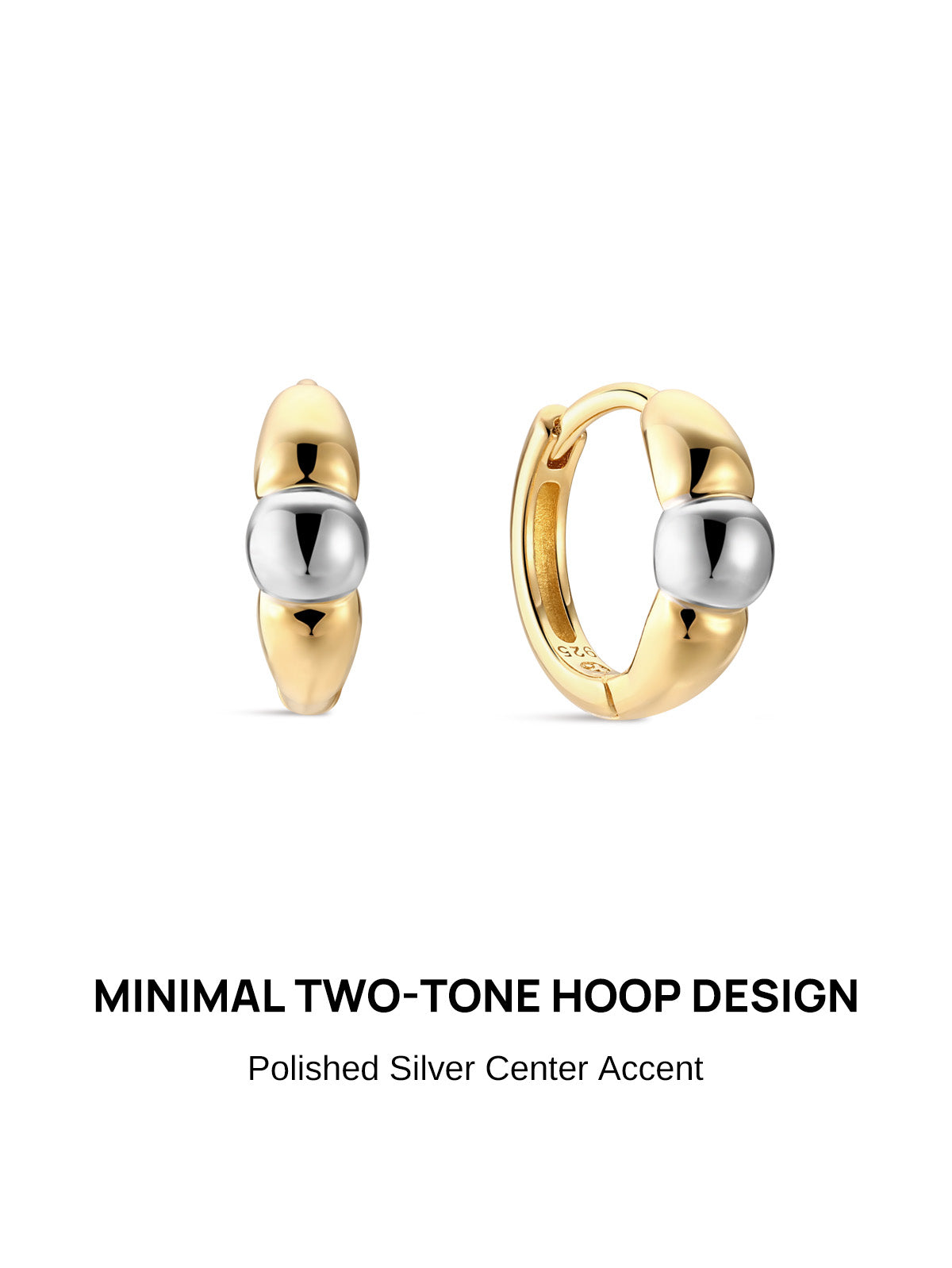 KOSINER Perléa two-tone hoop earrings pair front view, minimalist rounded huggie design with polished gold-plated body and contrasting polished silver central bead accent, sleek hinged closure structure, premium 925 sterling silver base material