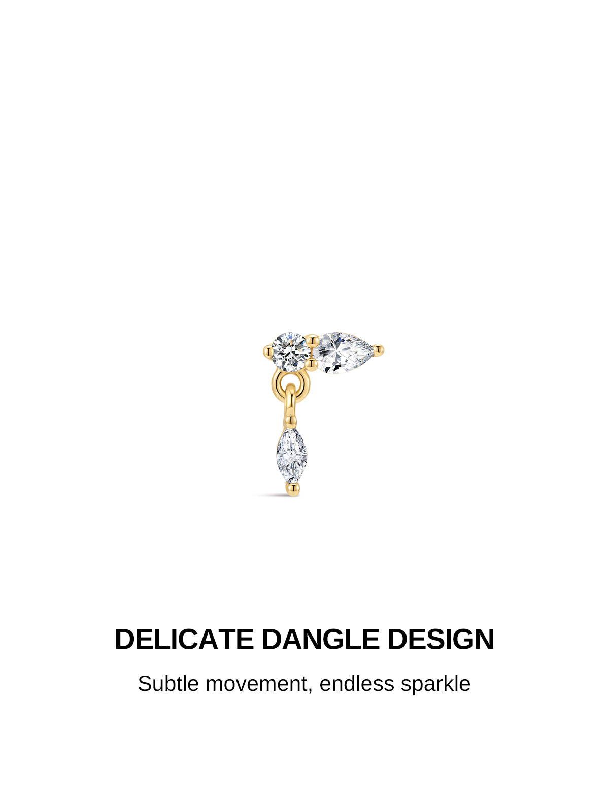 DELICATE DANGLE DESIGN banner, 14K solid gold pear marquise cut CZ drop flat back stud, subtle moving dainty piercing jewellery