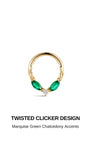 KOSINER Gem Garden 14K Solid Gold Twisted Marquise Green Chalcedony Daith Clicker Hoop, Round Clear CZ Accent Cartilage Piercing Ring, Hypoallergenic Seamless Click Closure for Daith Helix