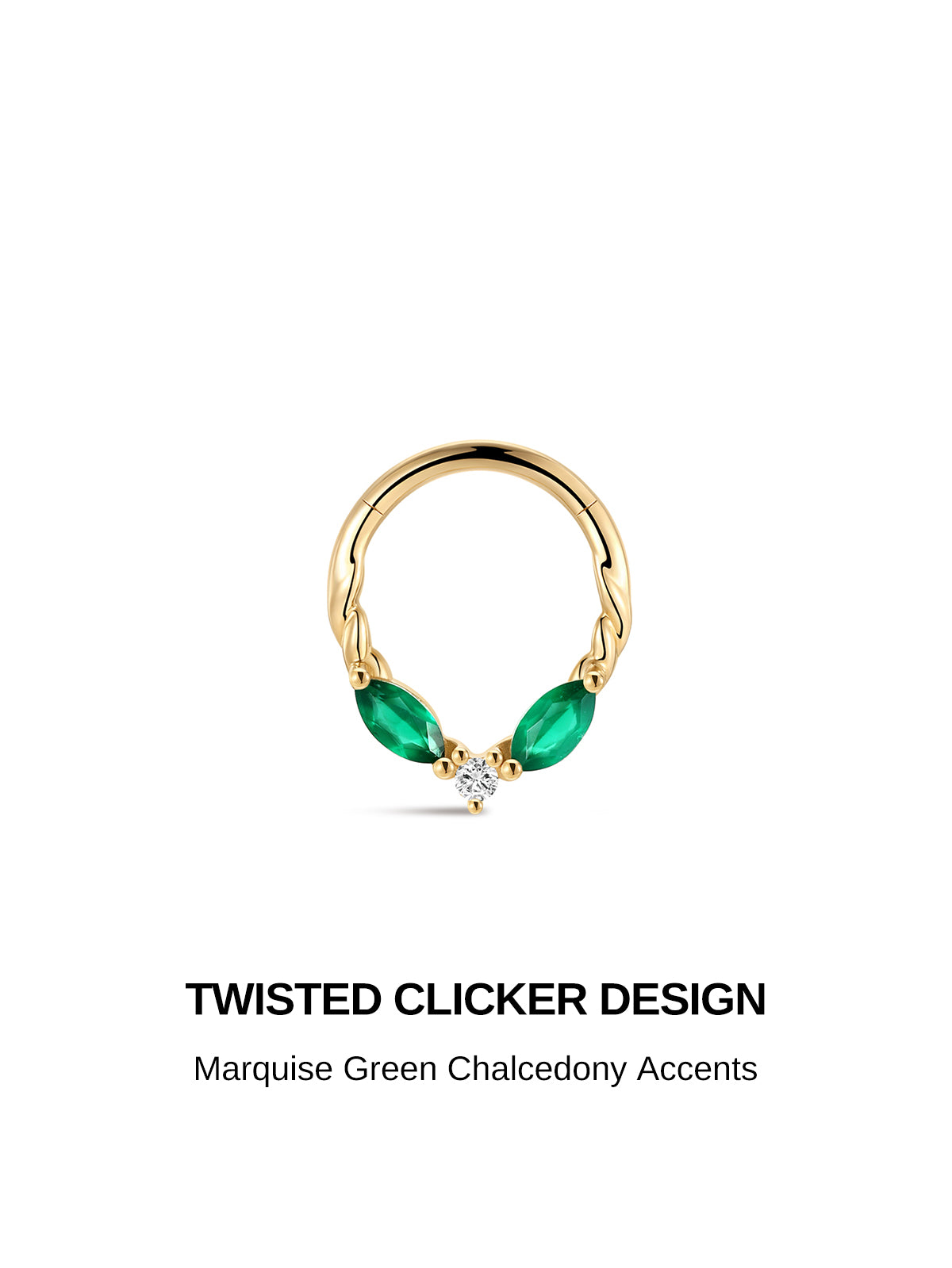 KOSINER Gem Garden 14K Solid Gold Twisted Marquise Green Chalcedony Daith Clicker Hoop, Round Clear CZ Accent Cartilage Piercing Ring, Hypoallergenic Seamless Click Closure for Daith Helix