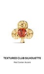 KOSINER Hand Hammered 14K Solid Gold Red Club Flat Back Stud front view, classic club suit silhouette with organic dimpled hand-hammered texture, central round red gemstone fixed by three bead prongs, polished 14K solid gold hypoallergenic internally threaded labret cartilage earring