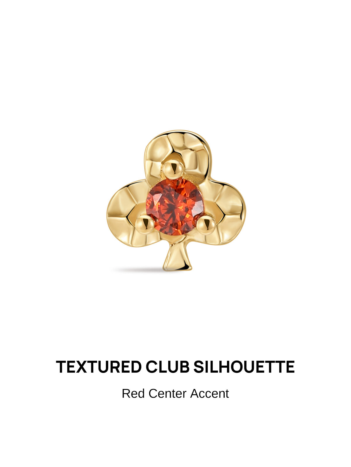 KOSINER Hand Hammered 14K Solid Gold Red Club Flat Back Stud front view, classic club suit silhouette with organic dimpled hand-hammered texture, central round red gemstone fixed by three bead prongs, polished 14K solid gold hypoallergenic internally threaded labret cartilage earring