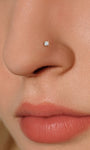 Extreme close-up of KOSINER four-prong round gem L-shape nose stud securely fitted on nostril piercing, highlighting polished gold finish and faceted stone sparkle