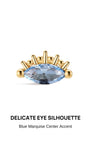 KOSINER Perléa Delicate Blue Marquise Flat Back Stud front view, eye silhouette design centered with a faceted blue marquise-cut gemstone, framed by polished graduated gold bead detailing across the top curve, crafted in premium 14K solid gold, internally threaded hypoallergenic labret style ideal for helix, rook and lobe piercings