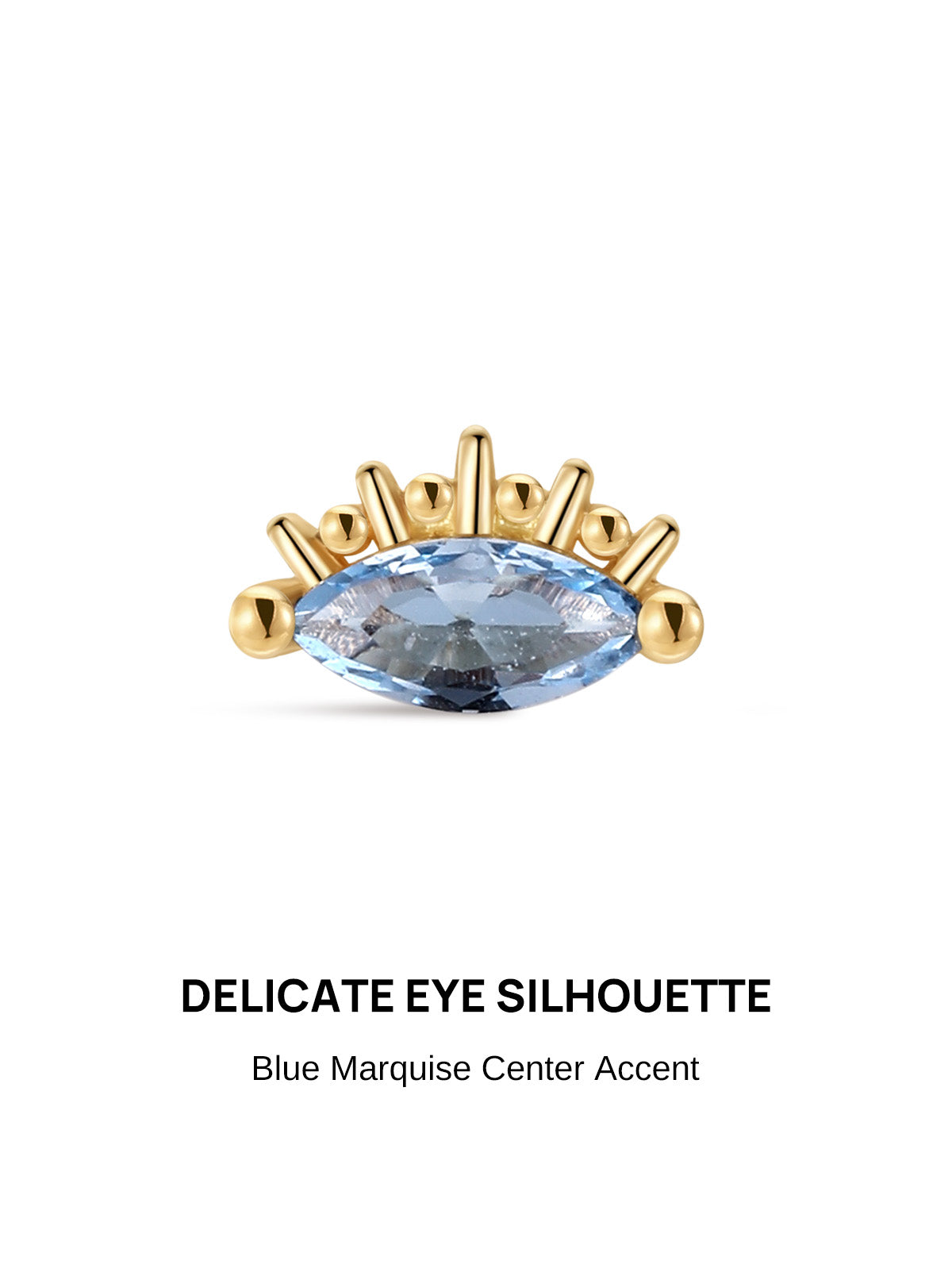 KOSINER Perléa Delicate Blue Marquise Flat Back Stud front view, eye silhouette design centered with a faceted blue marquise-cut gemstone, framed by polished graduated gold bead detailing across the top curve, crafted in premium 14K solid gold, internally threaded hypoallergenic labret style ideal for helix, rook and lobe piercings
