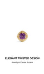 Elegant twisted rope frame design KOSINER 14K solid gold cartilage stud, center round faceted amethyst secured by four gold ball prongs