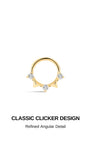 KOSINER Prism classic geometric daith clicker hoop graphic crafted in 14K solid gold, hinged seamless clicker closure, three pointed spike accents set with round cubic zirconia stones, angular edgy cartilage daith piercing ring design
