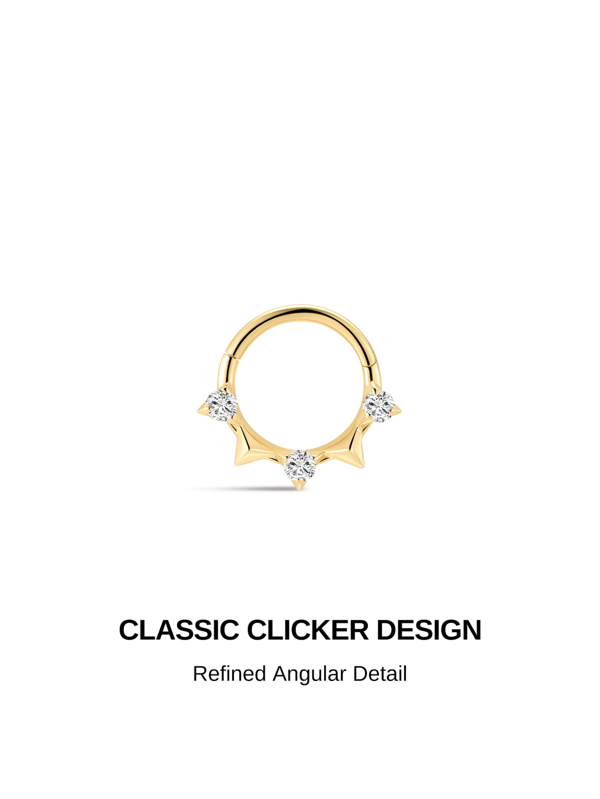 KOSINER Prism classic geometric daith clicker hoop graphic crafted in 14K solid gold, hinged seamless clicker closure, three pointed spike accents set with round cubic zirconia stones, angular edgy cartilage daith piercing ring design