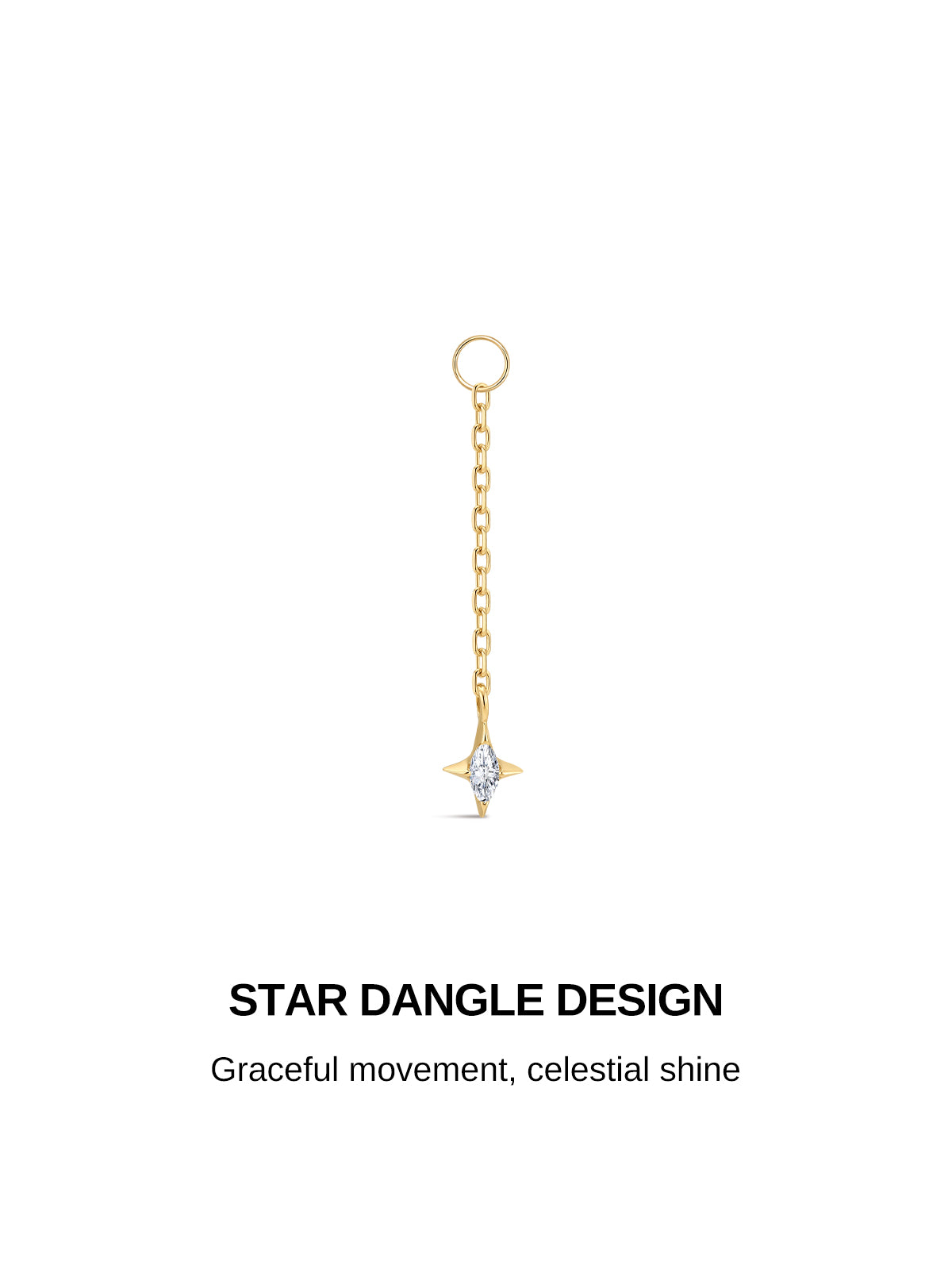 STAR DANGLE DESIGN 14K gold marquise cut cubic zirconia star long chain removable ear charm, celestial pendant for curated ear stack