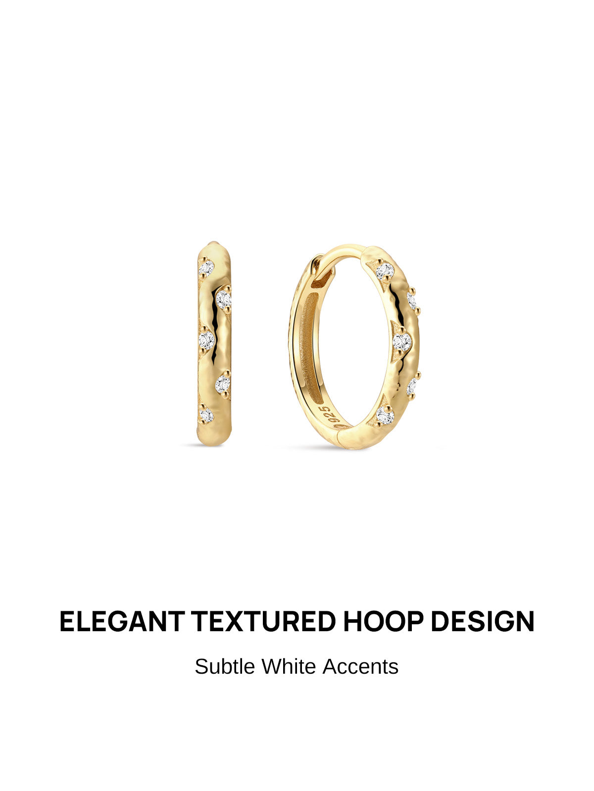 KOSINER Hand Hammered 925 Sterling Silver Elegant Textured Hoop Earrings front & side view, gold plated hinged click hoop with organic hand-hammered texture, scattered tiny round clear CZ stone accents, inner band stamped 925 sterling silver, minimalist small hoop earring pair