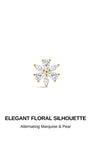 KSOINER Elegant floral silhouette 14K solid gold flat back piercing stud, alternating marquise and pear cz cluster delicate cartilage earring design