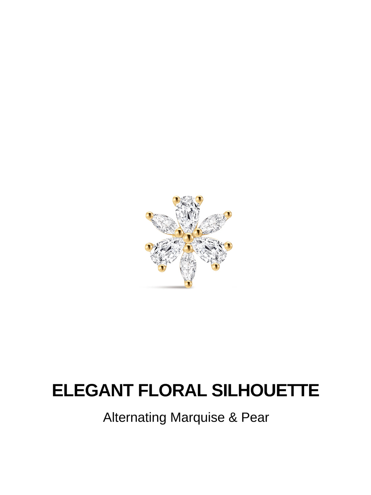 KSOINER Elegant floral silhouette 14K solid gold flat back piercing stud, alternating marquise and pear cz cluster delicate cartilage earring design