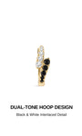 KOSINER Puzzle dual-tone hoop design graphic, gold-plated 925 sterling silver huggie hoop with staggered interlaced pave setting, top row clear cubic zirconia stones paired with offset row black round gemstones, chic asymmetrical black & white contrast clicker hoop earring