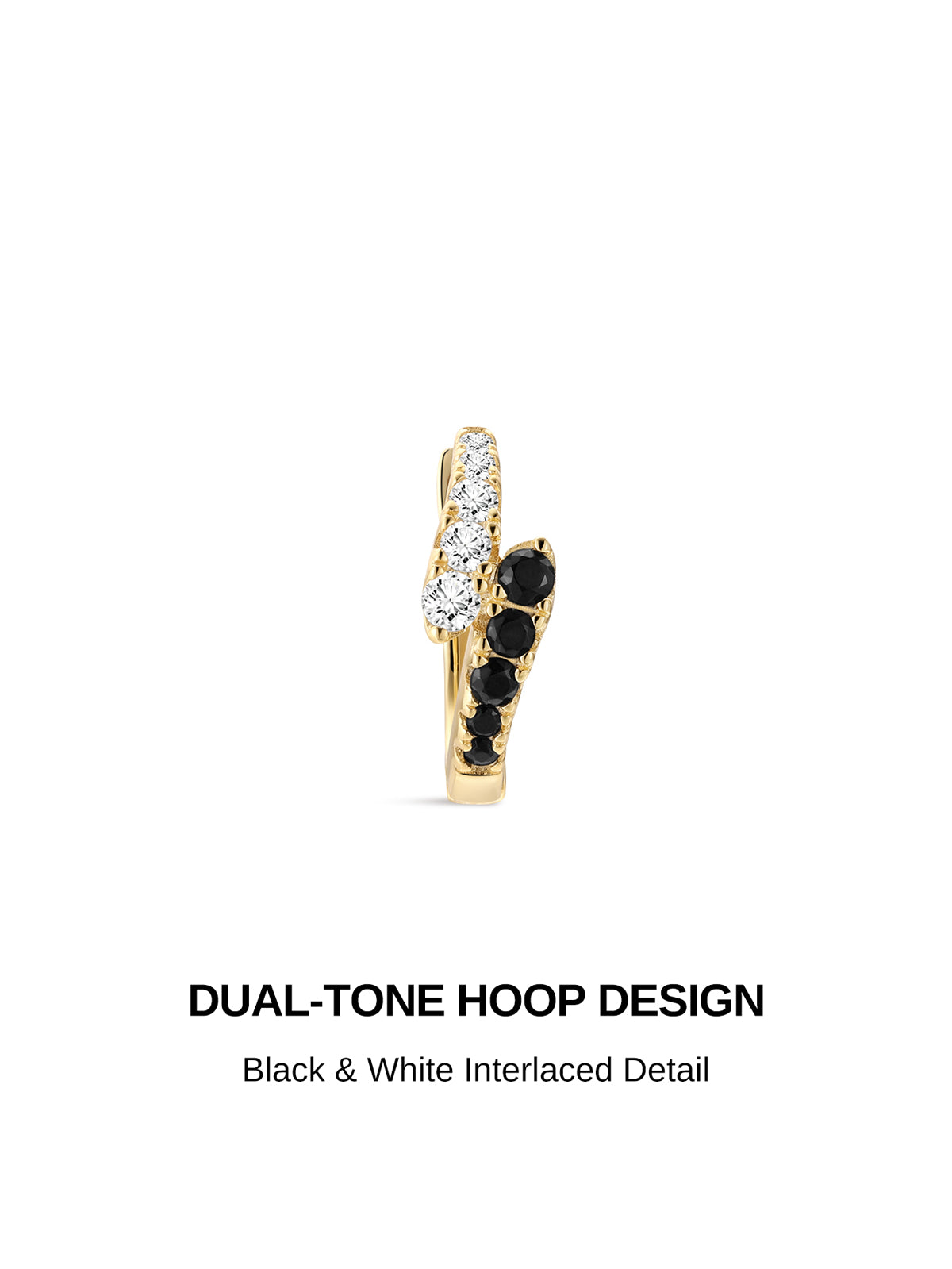 KOSINER Puzzle dual-tone hoop design graphic, gold-plated 925 sterling silver huggie hoop with staggered interlaced pave setting, top row clear cubic zirconia stones paired with offset row black round gemstones, chic asymmetrical black & white contrast clicker hoop earring