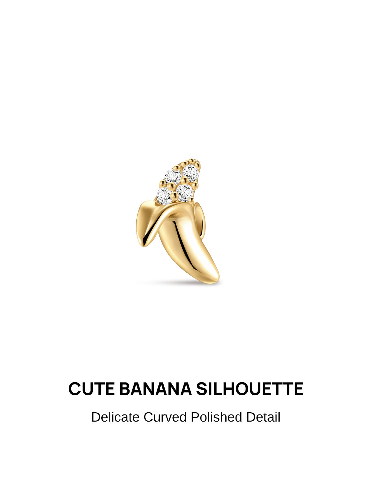 Cute curved banana silhouette KOSINER 925 sterling silver cartilage stud, polished gold plated smooth banana body, four round clear CZ stone top accents, push-in flat back post design