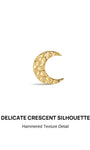 KOSINER Hand Hammered 14K Solid Gold Crescent Flat Back Stud front view, delicate crescent moon silhouette with organic dimpled hand-hammered texture, polished 14K gold finish, internally threaded hypoallergenic cartilage piercing earring