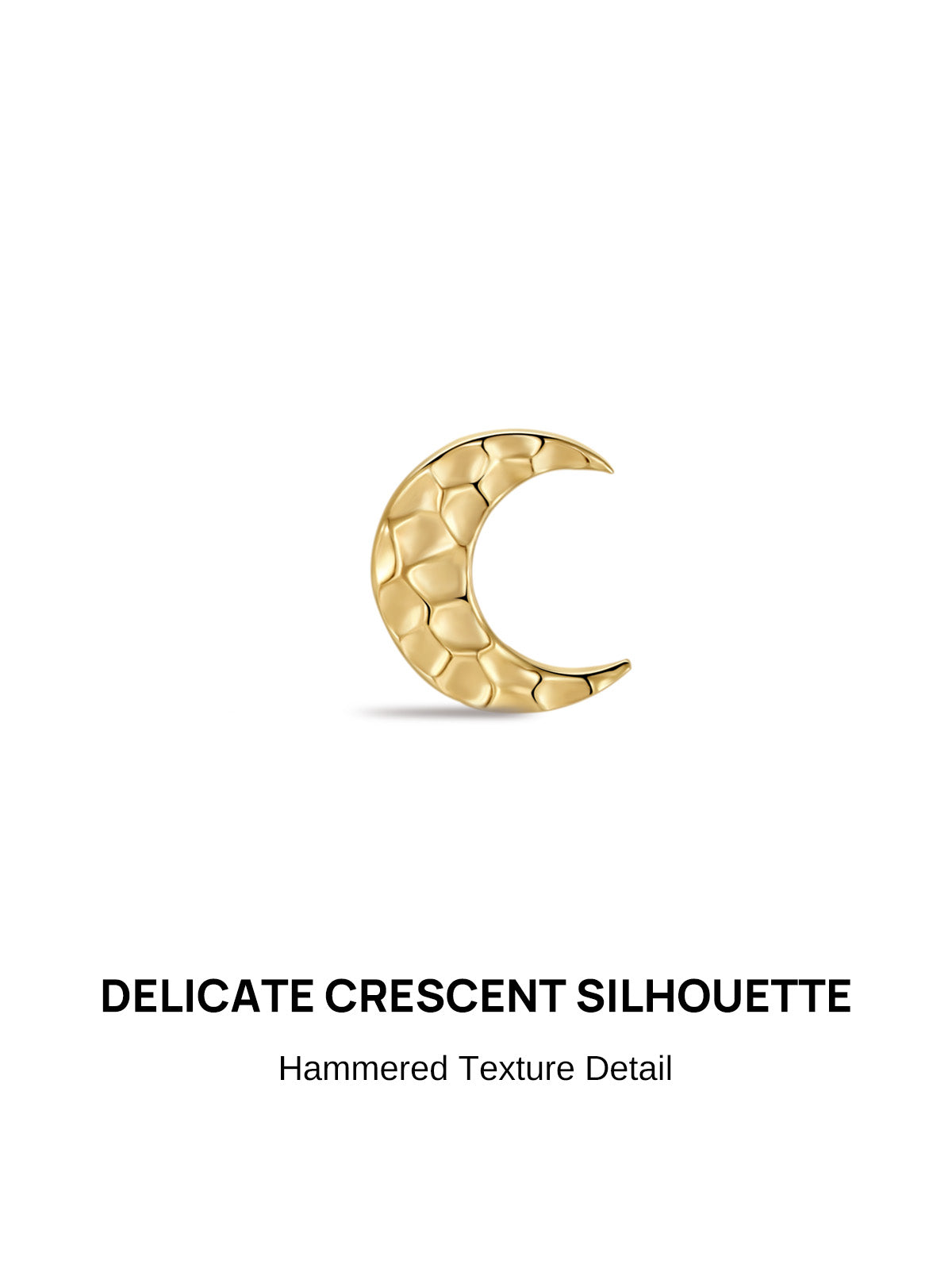 KOSINER Hand Hammered 14K Solid Gold Crescent Flat Back Stud front view, delicate crescent moon silhouette with organic dimpled hand-hammered texture, polished 14K gold finish, internally threaded hypoallergenic cartilage piercing earring