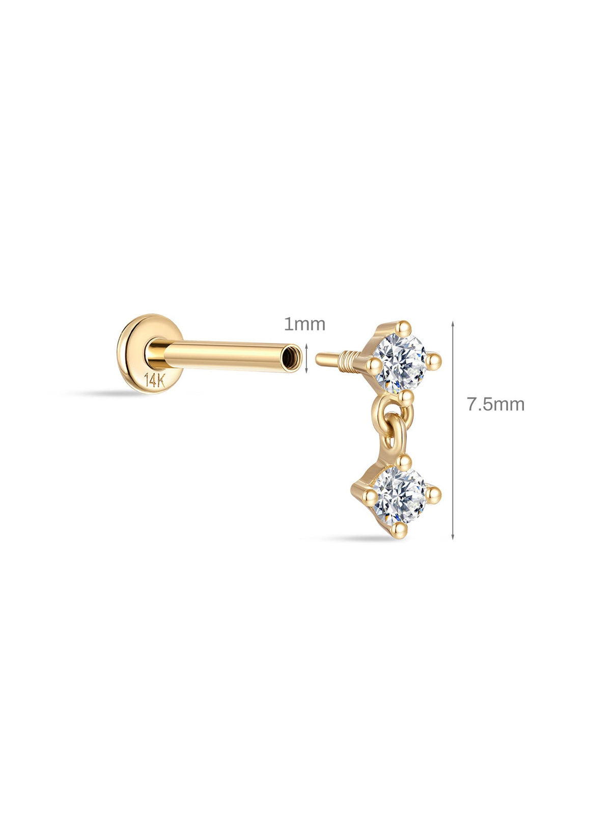KOSINER 14K Solid Gold Minimalist Pendant Flat Back Stud