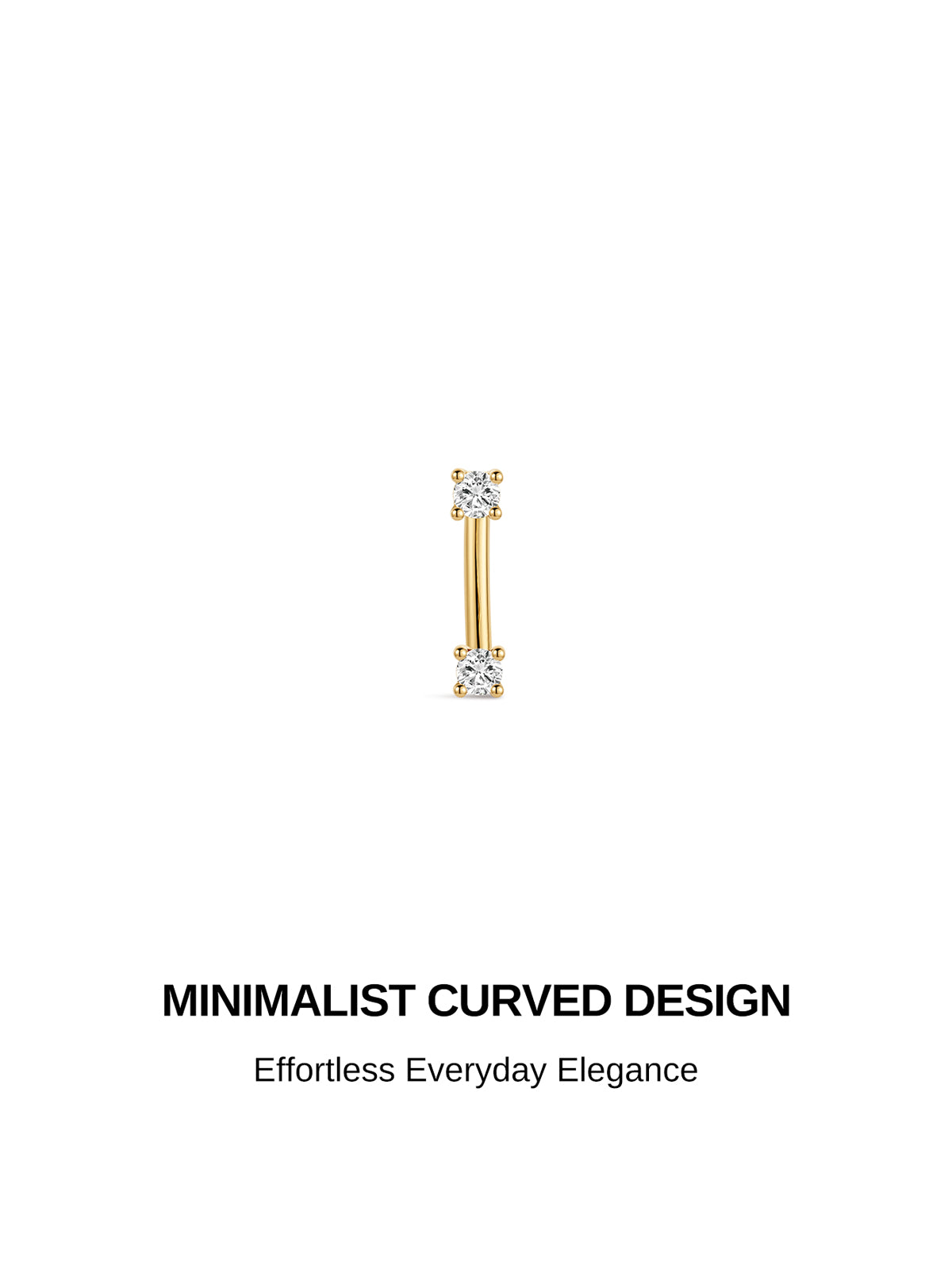 Minimalist curved design concept poster for KOSINER two-stone gold barbell piercing, text: Minimalist Curved Design, Effortless Everyday Elegance