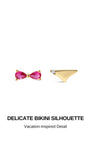 KOSINER Seaspritz delicate bikini silhouette official graphic, two vacation-inspired designs with polished 14K gold craftsmanship, vivid pink teardrop stones and sparkling clear accent stone, cute beach-themed piercing studs