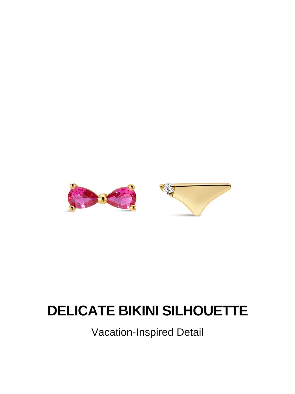 KOSINER Seaspritz delicate bikini silhouette official graphic, two vacation-inspired designs with polished 14K gold craftsmanship, vivid pink teardrop stones and sparkling clear accent stone, cute beach-themed piercing studs