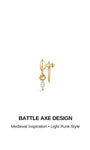 BATTLE AXE DESIGN graphic banner, 14K solid gold dangling axe flat back piercing stud, medieval inspiration light punk jewelry