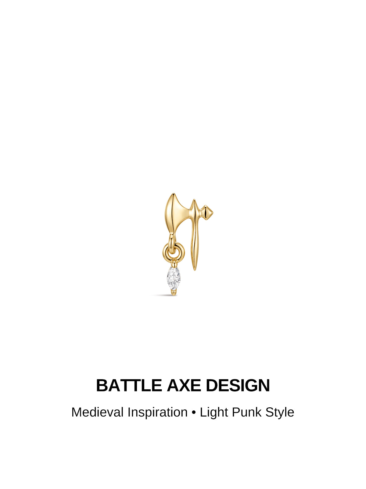 BATTLE AXE DESIGN graphic banner, 14K solid gold dangling axe flat back piercing stud, medieval inspiration light punk jewelry