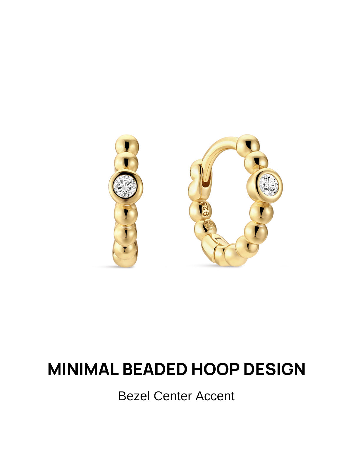 KOSINER Perléa Minimalist Beaded Hoop earring pair front view, rounded huggie hoop constructed from smooth polished spherical beads, single bezel-set round clear cubic zirconia center stone, gold-plated finish over premium 925 sterling silver base with hinged snap closure