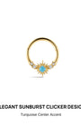 KOSINER Étoile Elegant Turquoise Sun Daith Clicker front view, polished 14K solid gold hinged hoop with central sunburst motif, round turquoise center stone accented with four side clear cubic zirconia, daith piercing hoop jewelry with easy click closure