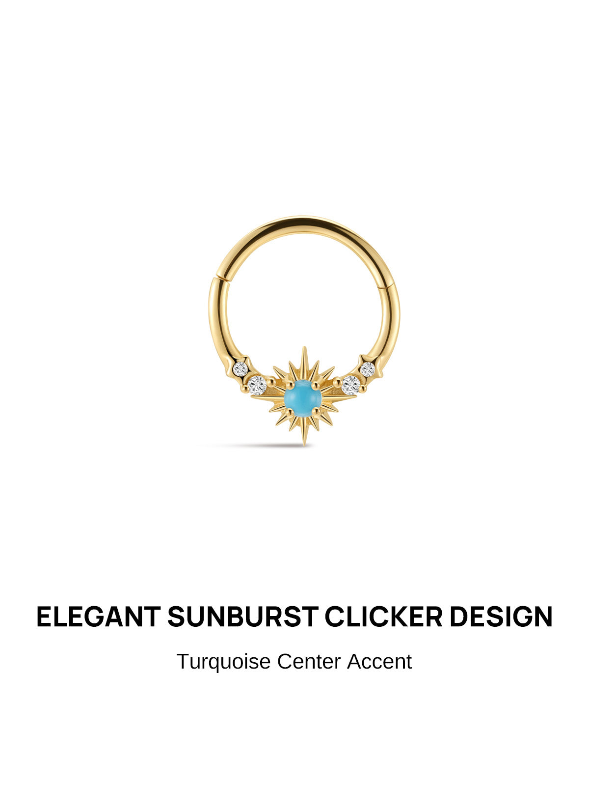 KOSINER Étoile Elegant Turquoise Sun Daith Clicker front view, polished 14K solid gold hinged hoop with central sunburst motif, round turquoise center stone accented with four side clear cubic zirconia, daith piercing hoop jewelry with easy click closure