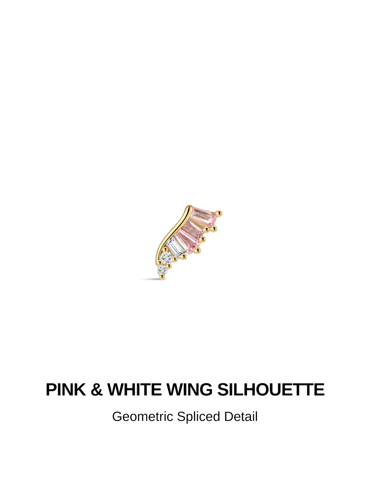 KOSINER Pink Ritual Pink & White Wing Silhouette flat back stud, geometric spliced design with gradient pink baguette stones and clear crystal accents, romantic internally threaded piercing earring for ear stacking