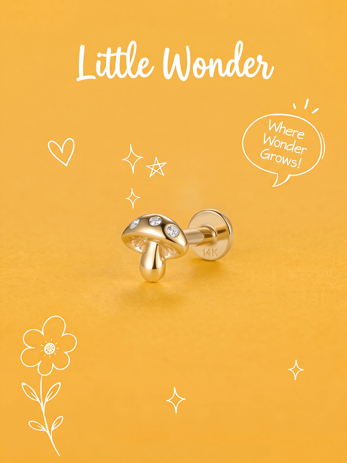 KOSINER Little Wonder 14K solid gold mushroom flat back stud on a yellow background with “Where Wonder Grows!” text