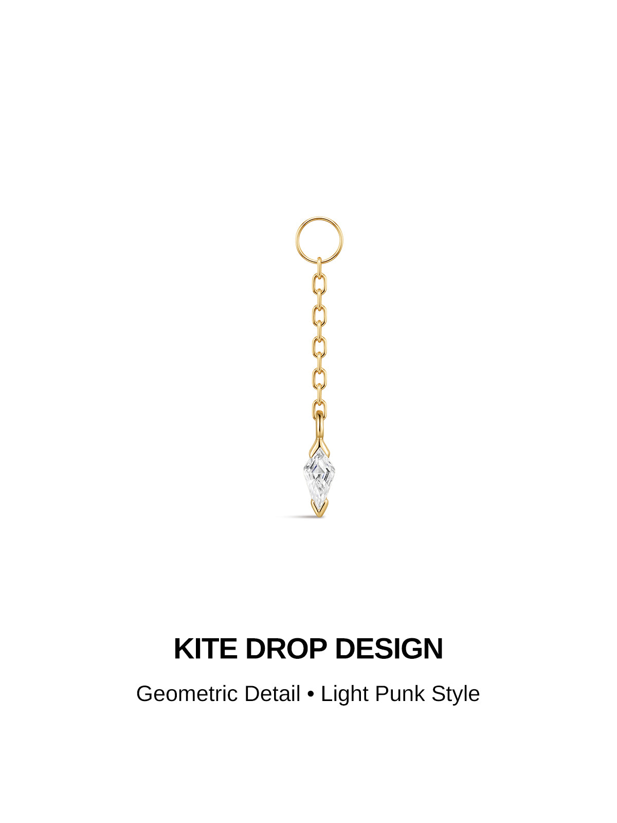 KITE DROP DESIGN promotional banner, 14K solid gold detachable kite CZ chain charm, geometric light punk piercing jewelry