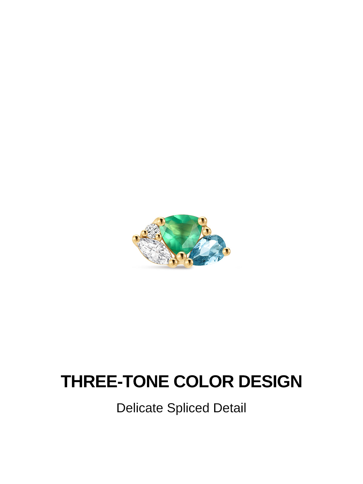 KOSINER Gem Garden 14K Solid Gold Multi Shape Emerald Blue Topaz Clear CZ Cluster Flat Back Stud, Three-Tone Mixed Gem Cartilage Piercing Earring, Hypoallergenic Stackable for Helix Tragus Lobe Conch