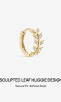 KOSINER Sculpted Leaf Huggie Earring, 14K solid gold with CZ stones, secure click closure for helix conch piercings