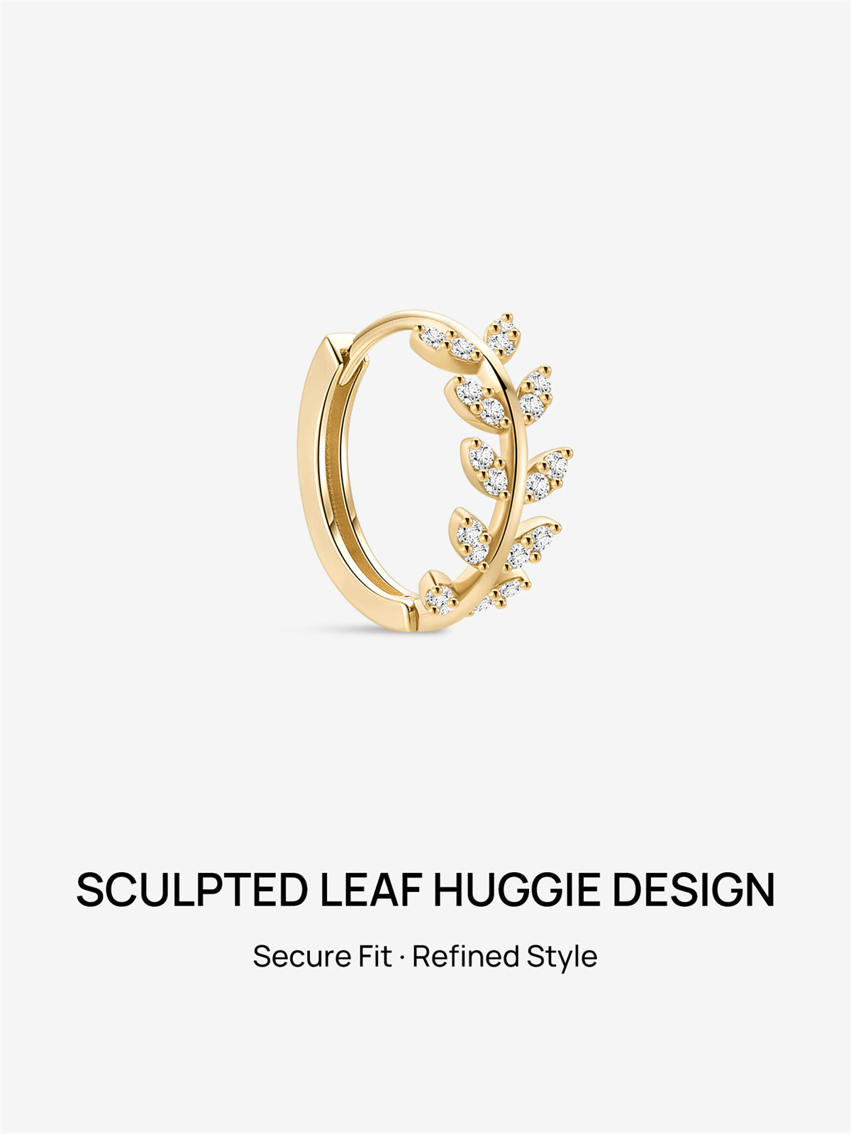 KOSINER Sculpted Leaf Huggie Earring, 14K solid gold with CZ stones, secure click closure for helix conch piercings