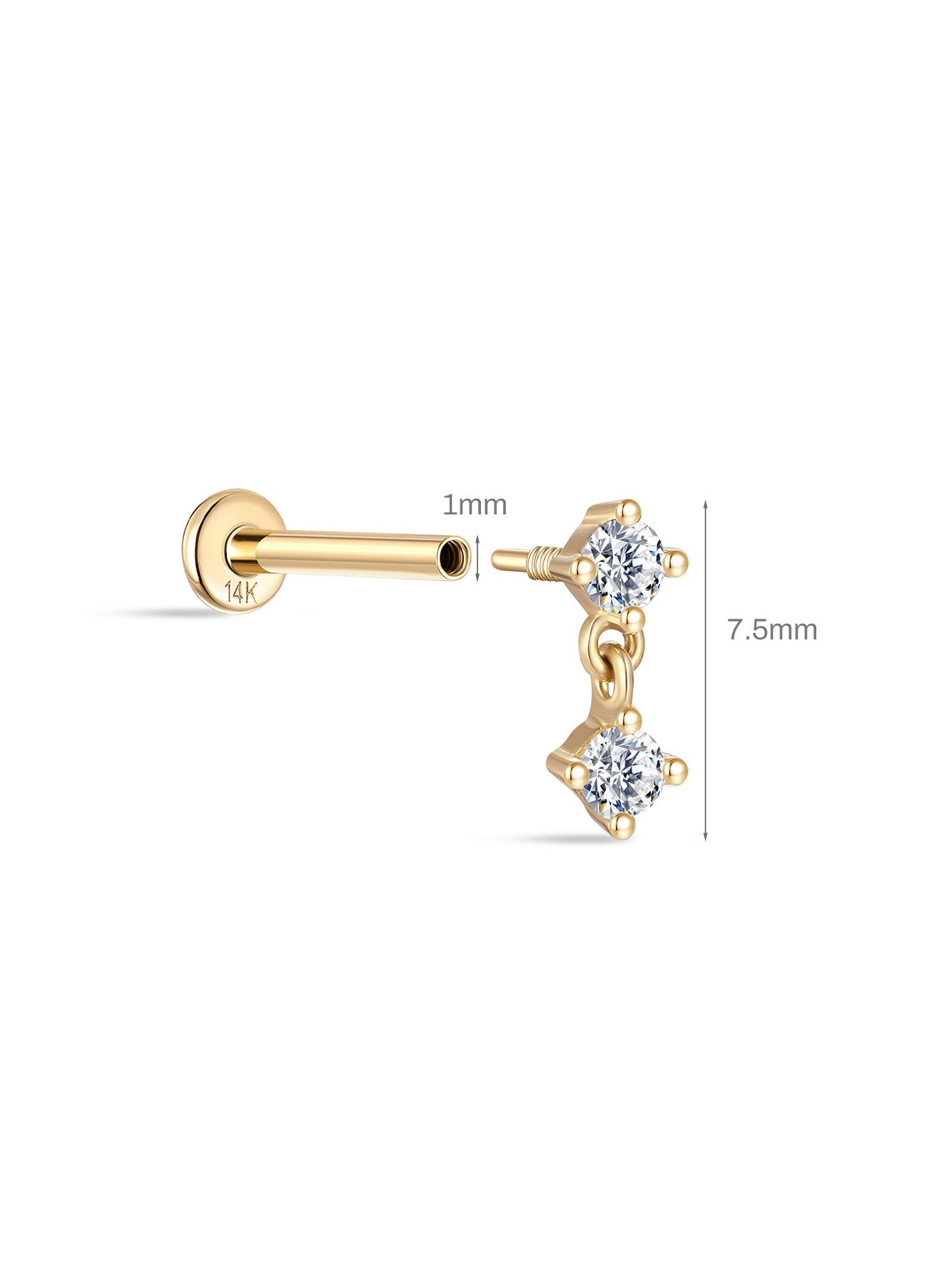 Mini clou de perçage d'oreille pendentif en or massif 14 carats