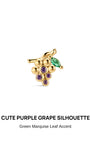 Cute textured grape cluster silhouette KOSINER 925 sterling silver cartilage stud, polished gold plated vine frame, four round faceted purple gem grape berries, marquise green gem leaf accent, push-in flat back post structure